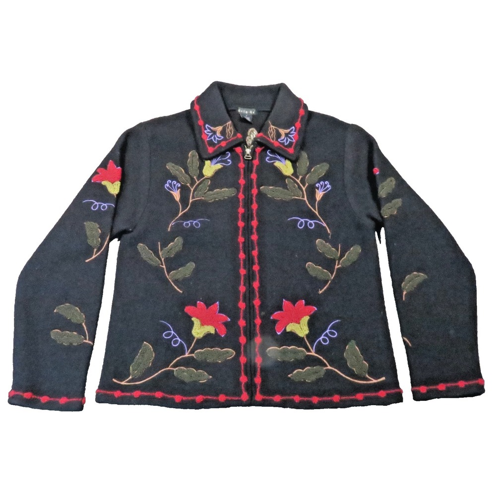 Tally Ho Jacket Womens S Black Floral Embroidered Wool Folk Art Boho Cottagecore